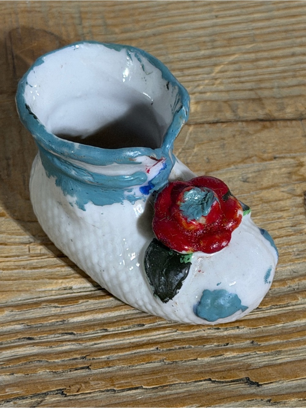 White Ceramic Baby Shoe Red Flower Accent Tiny Marked JAPAN